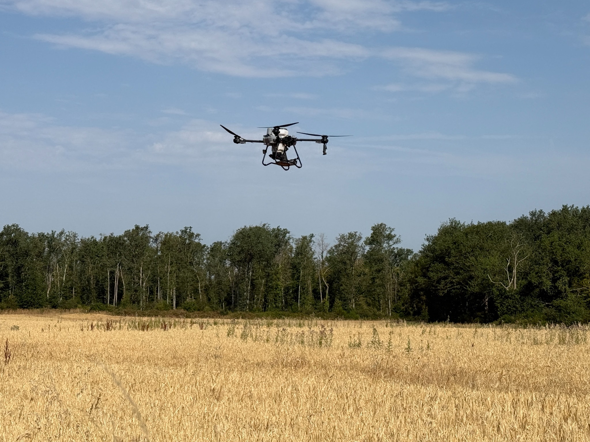 Drone agricole en vol au-dessus d’une parcelle